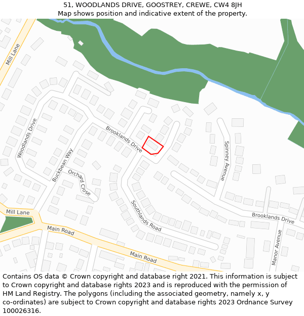 51, WOODLANDS DRIVE, GOOSTREY, CREWE, CW4 8JH: Location map and indicative extent of plot