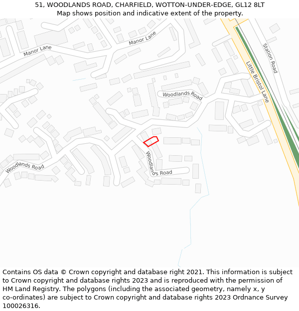 51, WOODLANDS ROAD, CHARFIELD, WOTTON-UNDER-EDGE, GL12 8LT: Location map and indicative extent of plot