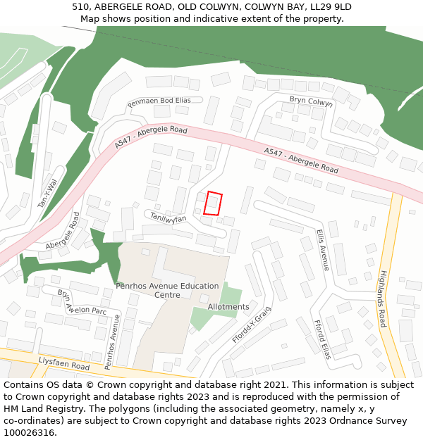 510, ABERGELE ROAD, OLD COLWYN, COLWYN BAY, LL29 9LD: Location map and indicative extent of plot