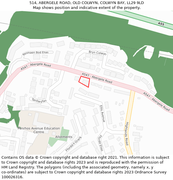 514, ABERGELE ROAD, OLD COLWYN, COLWYN BAY, LL29 9LD: Location map and indicative extent of plot