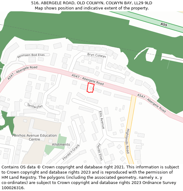 516, ABERGELE ROAD, OLD COLWYN, COLWYN BAY, LL29 9LD: Location map and indicative extent of plot