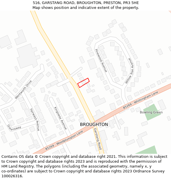 516, GARSTANG ROAD, BROUGHTON, PRESTON, PR3 5HE: Location map and indicative extent of plot