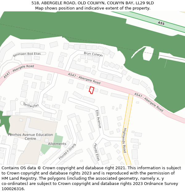 518, ABERGELE ROAD, OLD COLWYN, COLWYN BAY, LL29 9LD: Location map and indicative extent of plot