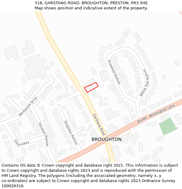 518, GARSTANG ROAD, BROUGHTON, PRESTON, PR3 5HE: Location map and indicative extent of plot