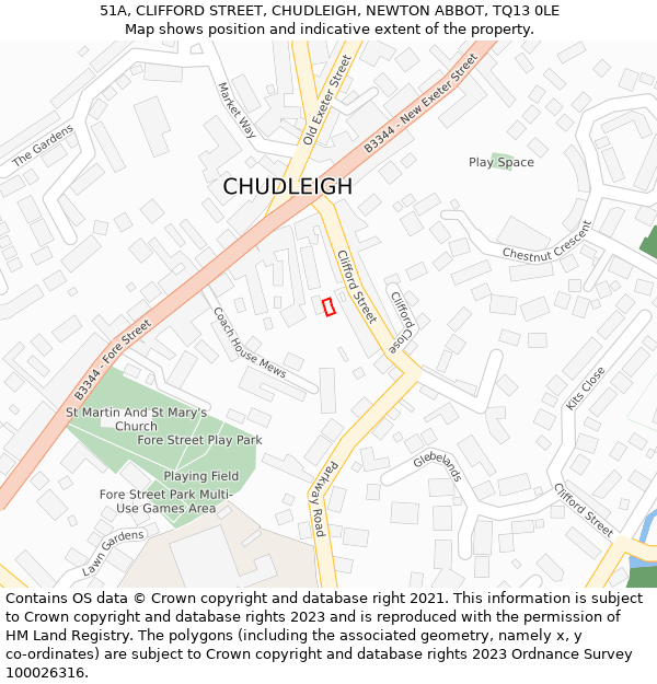 51A, CLIFFORD STREET, CHUDLEIGH, NEWTON ABBOT, TQ13 0LE: Location map and indicative extent of plot