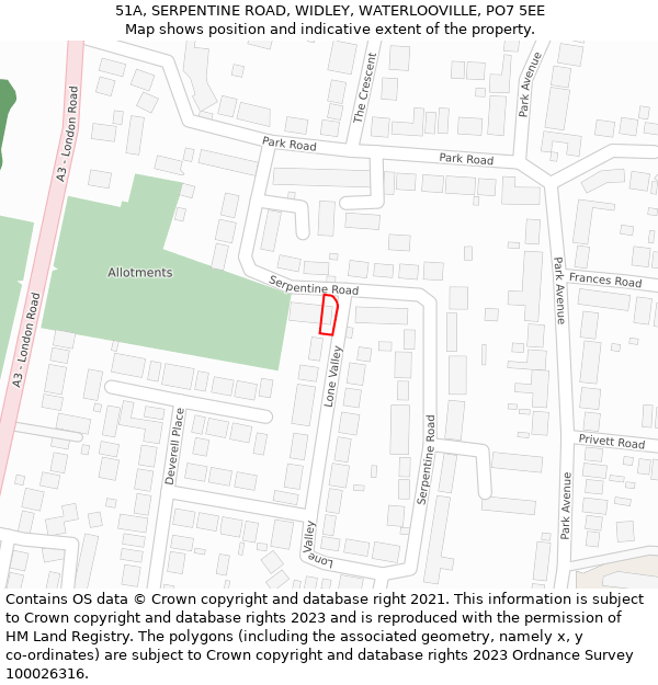 51A, SERPENTINE ROAD, WIDLEY, WATERLOOVILLE, PO7 5EE: Location map and indicative extent of plot
