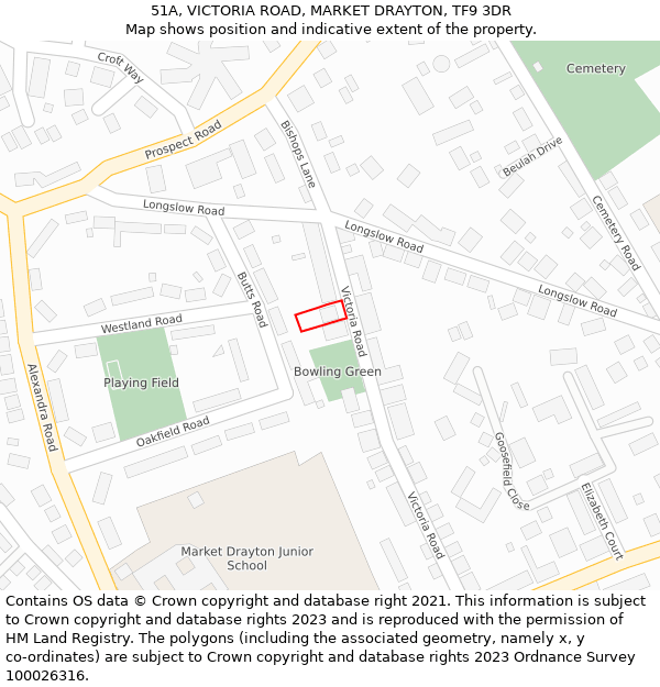 51A, VICTORIA ROAD, MARKET DRAYTON, TF9 3DR: Location map and indicative extent of plot