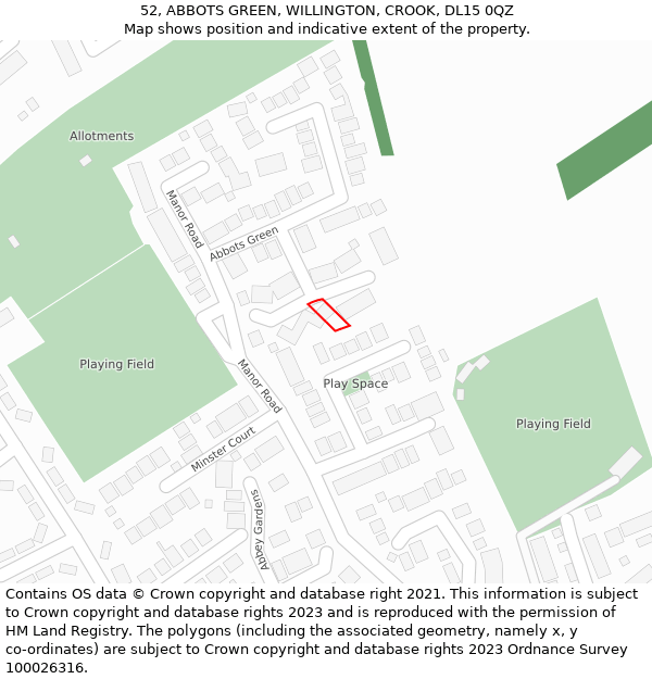 52, ABBOTS GREEN, WILLINGTON, CROOK, DL15 0QZ: Location map and indicative extent of plot