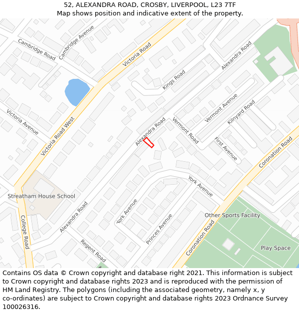 52, ALEXANDRA ROAD, CROSBY, LIVERPOOL, L23 7TF: Location map and indicative extent of plot
