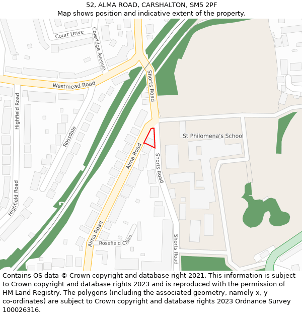 52, ALMA ROAD, CARSHALTON, SM5 2PF: Location map and indicative extent of plot