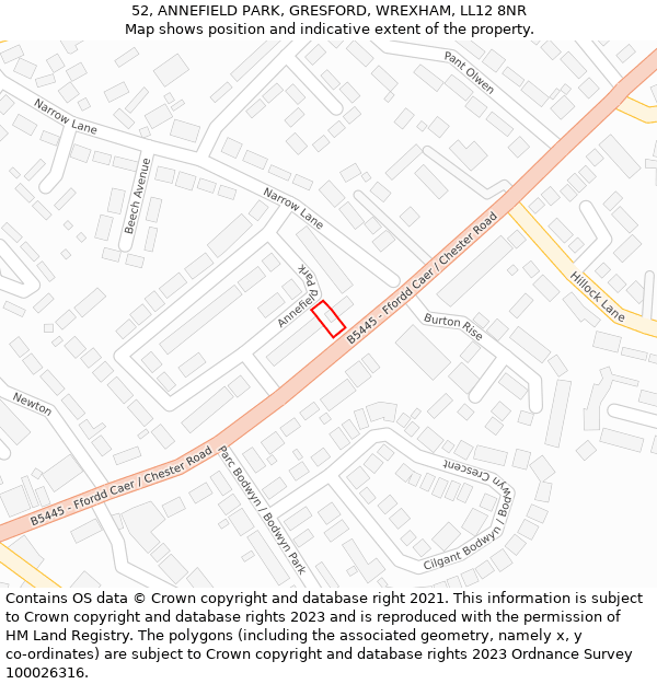 52, ANNEFIELD PARK, GRESFORD, WREXHAM, LL12 8NR: Location map and indicative extent of plot