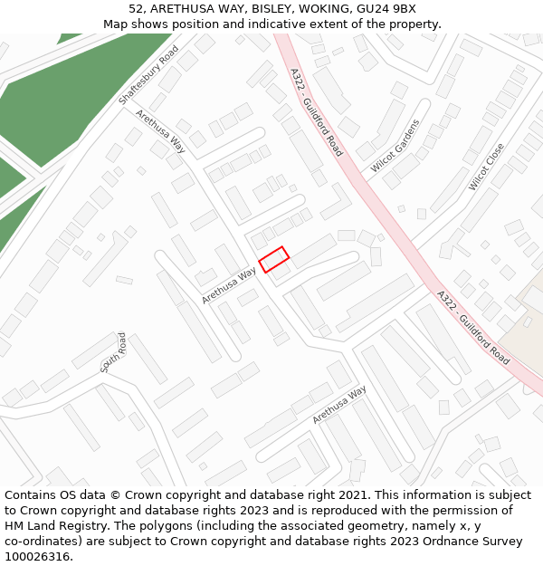 52, ARETHUSA WAY, BISLEY, WOKING, GU24 9BX: Location map and indicative extent of plot