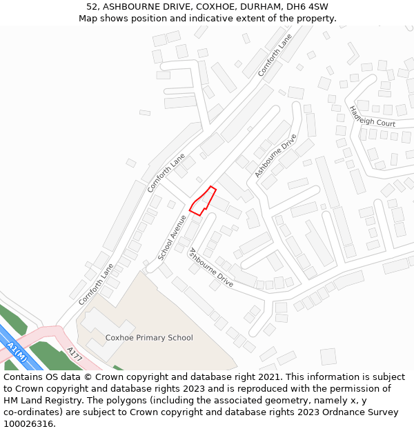 52, ASHBOURNE DRIVE, COXHOE, DURHAM, DH6 4SW: Location map and indicative extent of plot