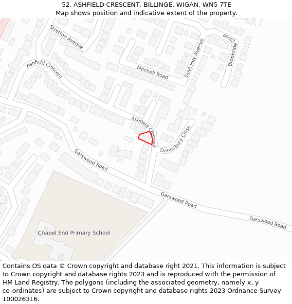 52, ASHFIELD CRESCENT, BILLINGE, WIGAN, WN5 7TE: Location map and indicative extent of plot