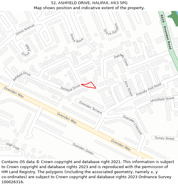 52, ASHFIELD DRIVE, HALIFAX, HX3 5PG: Location map and indicative extent of plot