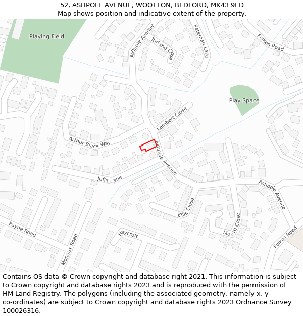 52, ASHPOLE AVENUE, WOOTTON, BEDFORD, MK43 9ED: Location map and indicative extent of plot