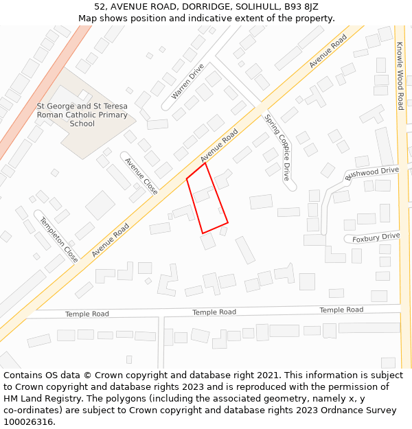 52, AVENUE ROAD, DORRIDGE, SOLIHULL, B93 8JZ: Location map and indicative extent of plot