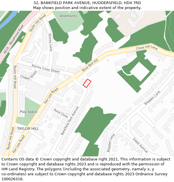 52, BANKFIELD PARK AVENUE, HUDDERSFIELD, HD4 7RD: Location map and indicative extent of plot