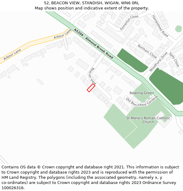 52, BEACON VIEW, STANDISH, WIGAN, WN6 0RL: Location map and indicative extent of plot