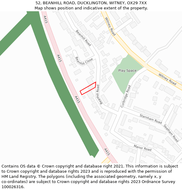 52, BEANHILL ROAD, DUCKLINGTON, WITNEY, OX29 7XX: Location map and indicative extent of plot