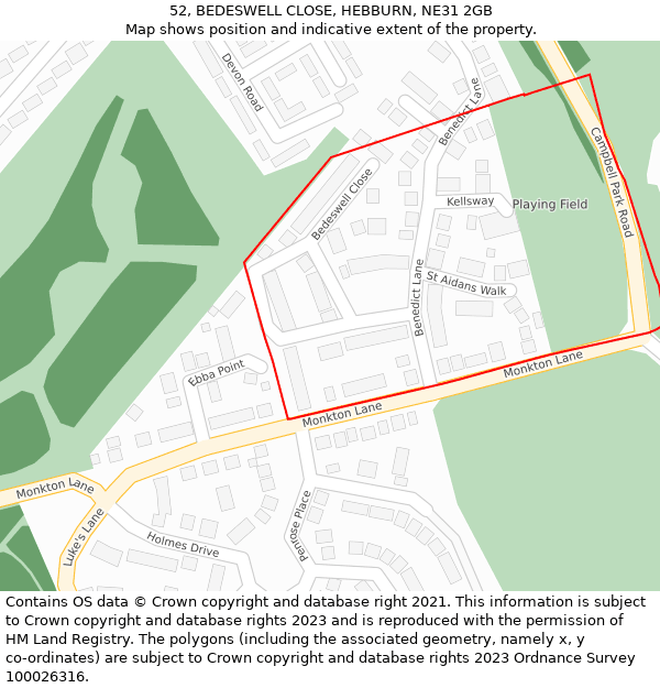 52, BEDESWELL CLOSE, HEBBURN, NE31 2GB: Location map and indicative extent of plot