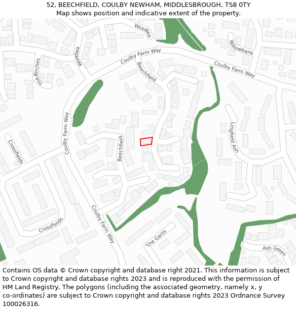 52, BEECHFIELD, COULBY NEWHAM, MIDDLESBROUGH, TS8 0TY: Location map and indicative extent of plot