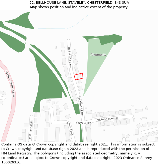 52, BELLHOUSE LANE, STAVELEY, CHESTERFIELD, S43 3UA: Location map and indicative extent of plot