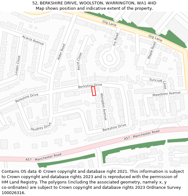 52, BERKSHIRE DRIVE, WOOLSTON, WARRINGTON, WA1 4HD: Location map and indicative extent of plot