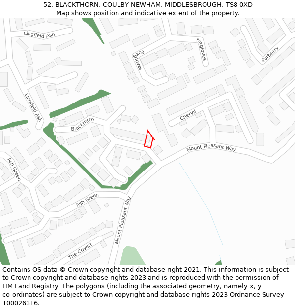 52, BLACKTHORN, COULBY NEWHAM, MIDDLESBROUGH, TS8 0XD: Location map and indicative extent of plot