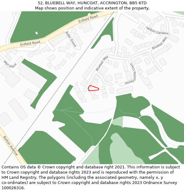 52, BLUEBELL WAY, HUNCOAT, ACCRINGTON, BB5 6TD: Location map and indicative extent of plot