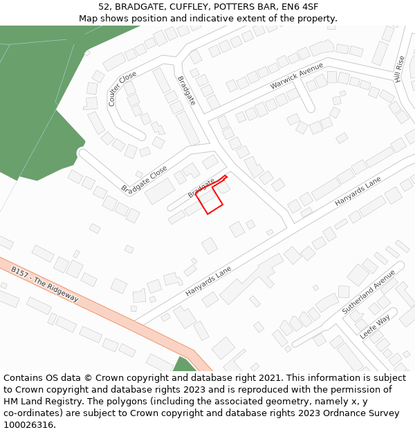 52, BRADGATE, CUFFLEY, POTTERS BAR, EN6 4SF: Location map and indicative extent of plot