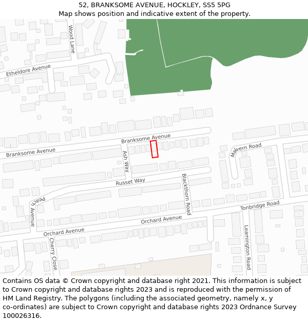 52, BRANKSOME AVENUE, HOCKLEY, SS5 5PG: Location map and indicative extent of plot