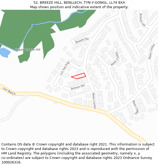 52, BREEZE HILL, BENLLECH, TYN-Y-GONGL, LL74 8XA: Location map and indicative extent of plot