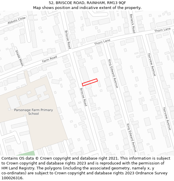 52, BRISCOE ROAD, RAINHAM, RM13 9QF: Location map and indicative extent of plot