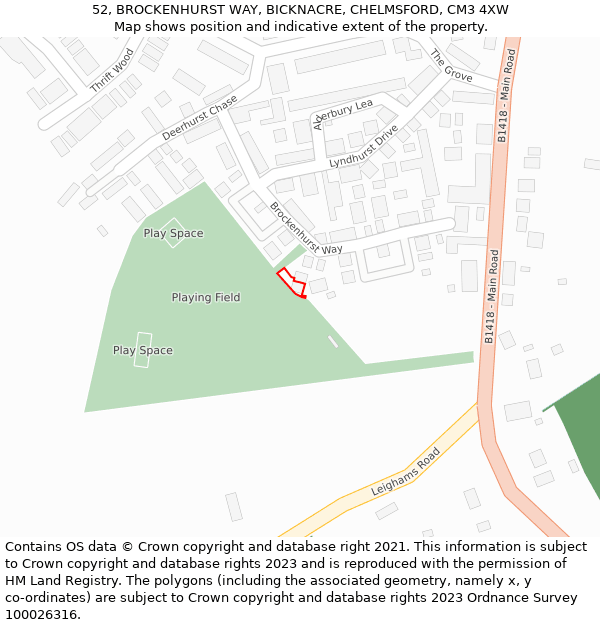 52, BROCKENHURST WAY, BICKNACRE, CHELMSFORD, CM3 4XW: Location map and indicative extent of plot