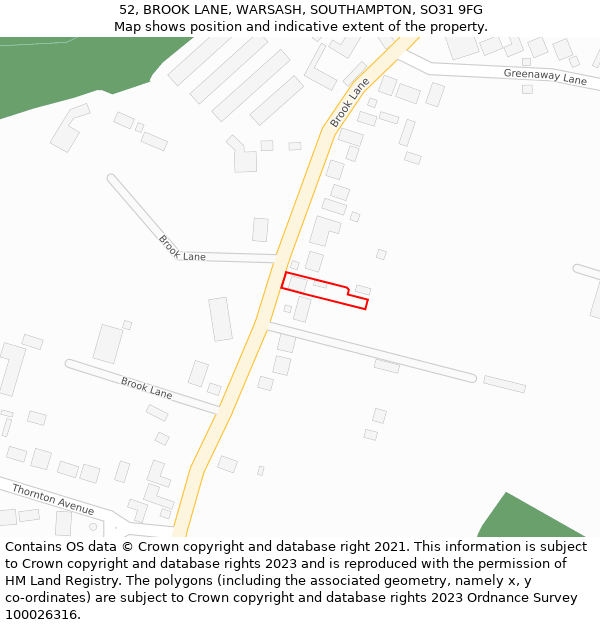 52, BROOK LANE, WARSASH, SOUTHAMPTON, SO31 9FG: Location map and indicative extent of plot