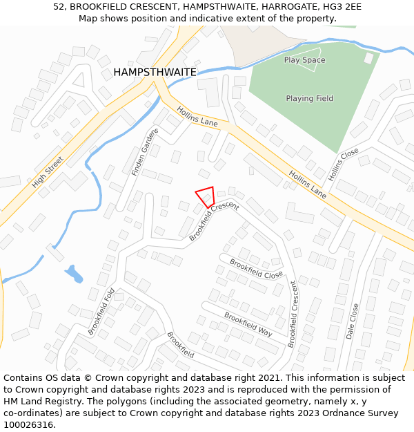 52, BROOKFIELD CRESCENT, HAMPSTHWAITE, HARROGATE, HG3 2EE: Location map and indicative extent of plot