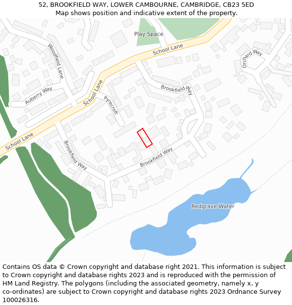 52, BROOKFIELD WAY, LOWER CAMBOURNE, CAMBRIDGE, CB23 5ED: Location map and indicative extent of plot