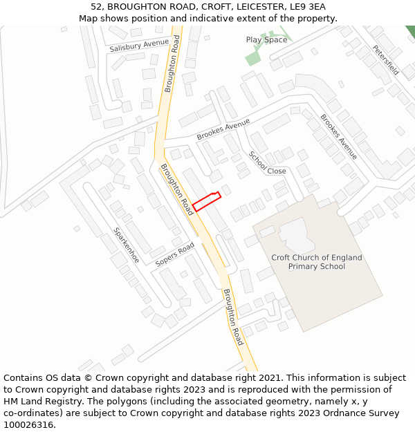 52, BROUGHTON ROAD, CROFT, LEICESTER, LE9 3EA: Location map and indicative extent of plot