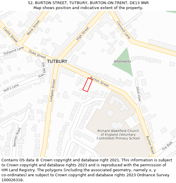 52, BURTON STREET, TUTBURY, BURTON-ON-TRENT, DE13 9NR: Location map and indicative extent of plot