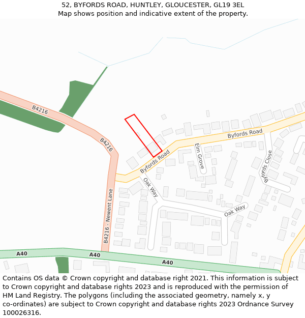 52, BYFORDS ROAD, HUNTLEY, GLOUCESTER, GL19 3EL: Location map and indicative extent of plot