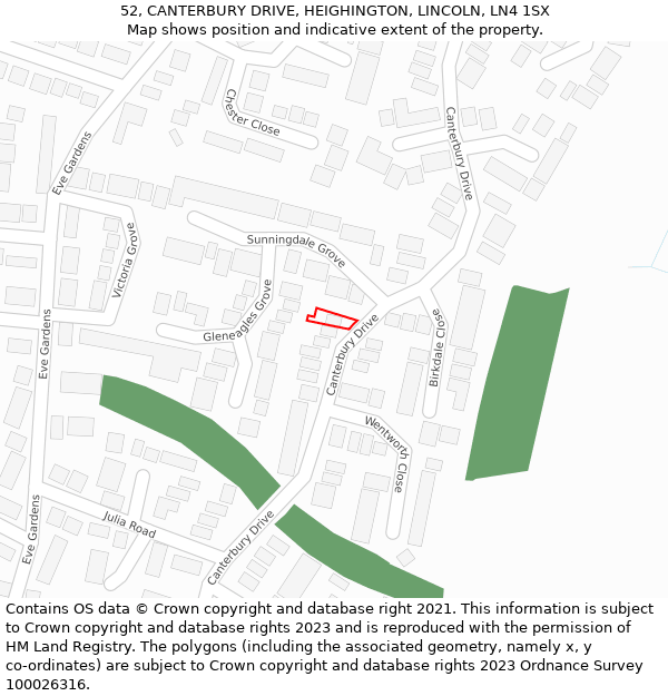 52, CANTERBURY DRIVE, HEIGHINGTON, LINCOLN, LN4 1SX: Location map and indicative extent of plot