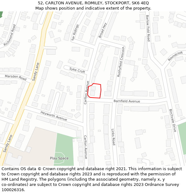 52, CARLTON AVENUE, ROMILEY, STOCKPORT, SK6 4EQ: Location map and indicative extent of plot