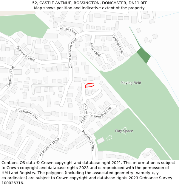 52, CASTLE AVENUE, ROSSINGTON, DONCASTER, DN11 0FF: Location map and indicative extent of plot