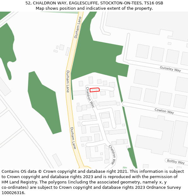 52, CHALDRON WAY, EAGLESCLIFFE, STOCKTON-ON-TEES, TS16 0SB: Location map and indicative extent of plot