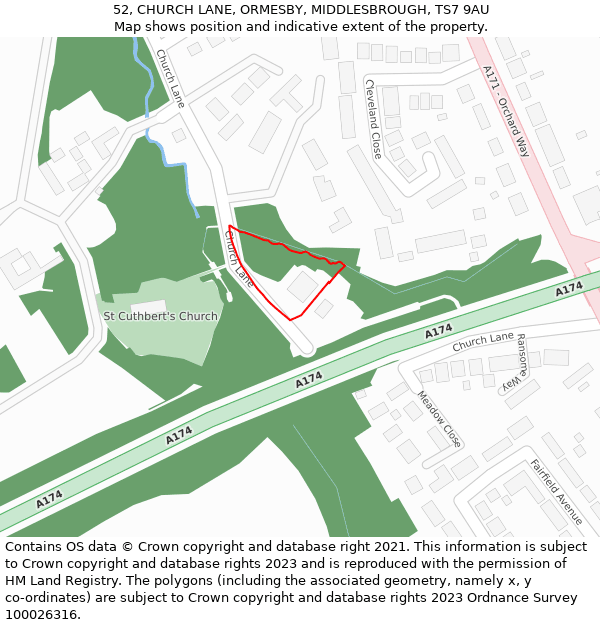 52, CHURCH LANE, ORMESBY, MIDDLESBROUGH, TS7 9AU: Location map and indicative extent of plot