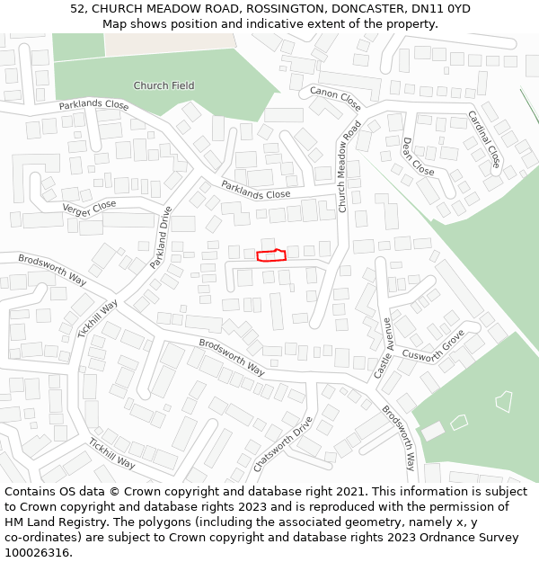 52, CHURCH MEADOW ROAD, ROSSINGTON, DONCASTER, DN11 0YD: Location map and indicative extent of plot