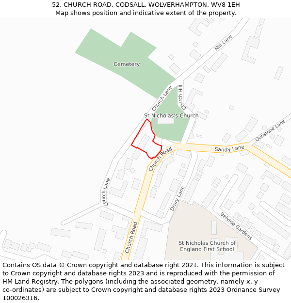52, CHURCH ROAD, CODSALL, WOLVERHAMPTON, WV8 1EH: Location map and indicative extent of plot