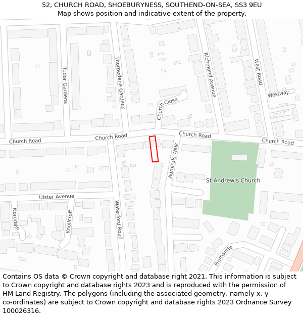 52, CHURCH ROAD, SHOEBURYNESS, SOUTHEND-ON-SEA, SS3 9EU: Location map and indicative extent of plot