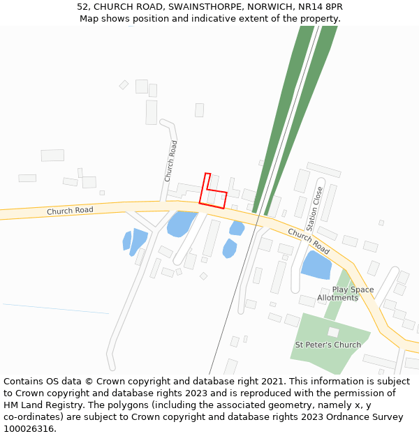 52, CHURCH ROAD, SWAINSTHORPE, NORWICH, NR14 8PR: Location map and indicative extent of plot